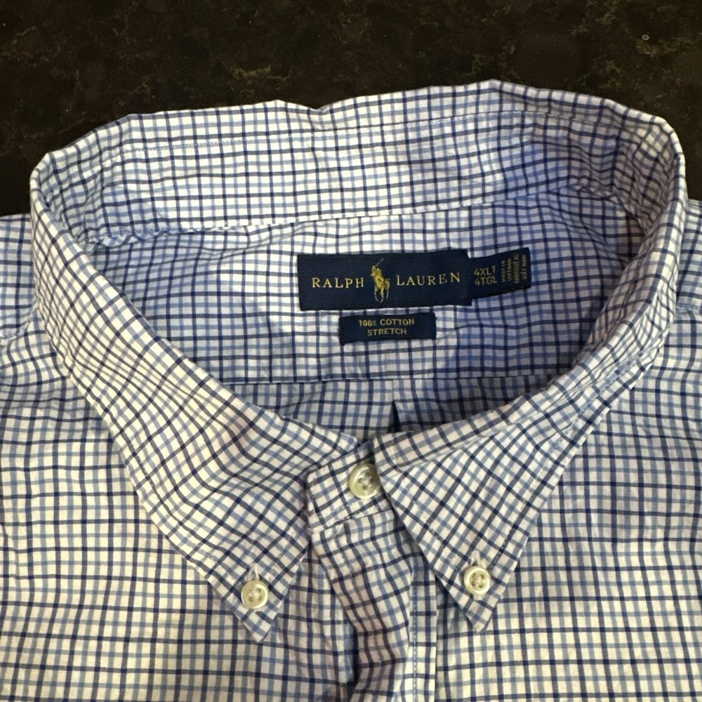 Ralph Lauren Mens 4XLT Blue White Gingham Stretch Cotton Button Down Shirt Tall